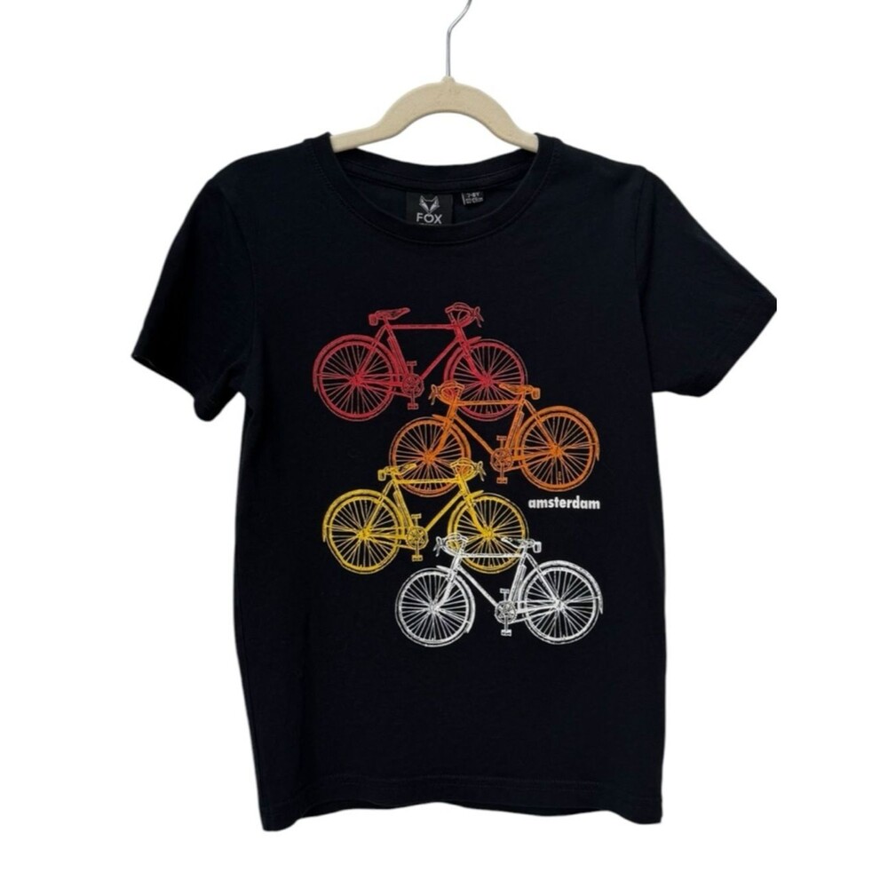 Fox Originals Kids Amsterdam Bicycle Short Sleeve Black Cotton Graphic Tee. 7-8.